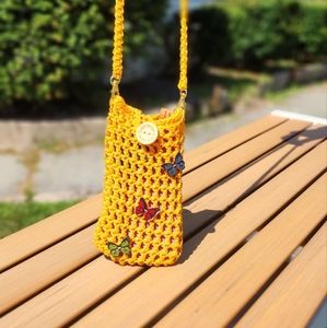 Butterfly Knit By Lisa, phone bag,yellow ,handmade
